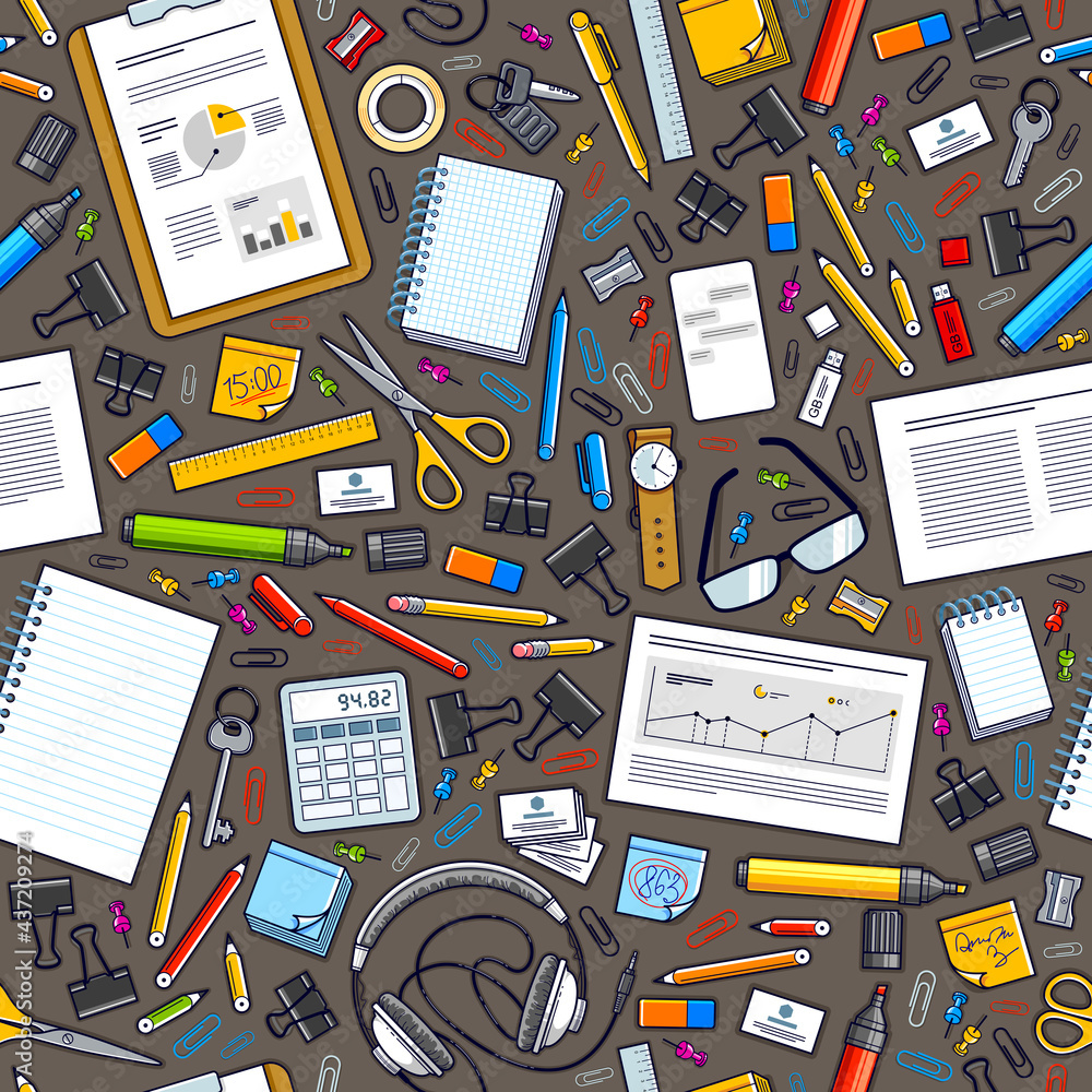 Poster work office desk top view with a lot of different stationery elements seamless vector wallpaper, bus