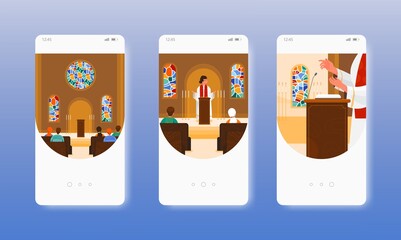 Priest, pastor saying prayer. Church worship. Mobile app screens, vector website banner template. UI, web site design. - obrazy, fototapety, plakaty