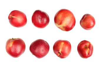 Set of peaches in different positions isolated on white background