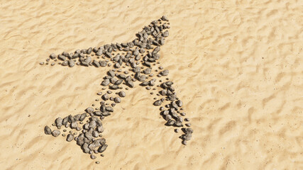 Concept conceptual stones on beach sand handmade symbol shape, golden sandy background, airplane sign. 3d illustration metaphor for modern, fast, comfortable,  secure transportation, holiday  business