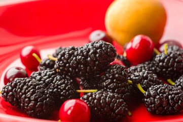 Ripe large black mulberries, peach and red cherries on a red plate, close-up. - Powered by Adobe