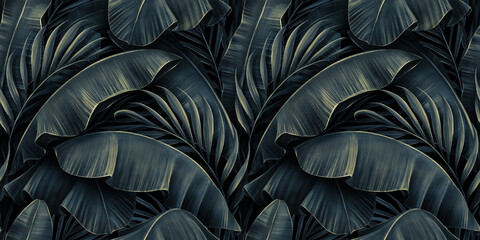 Tropical exotic seamless pattern. Night blue golden banana leaves, palm. Hand-drawn dark vintage 3D illustration. Nature abstract background design. Good for luxury wallpapers, cloth, fabric printing