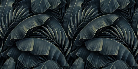Tapeten Tropisch Satz 1 Tropisches exotisches nahtloses Muster. Nachtblaue goldene Bananenblätter, Palme. Von Hand gezeichnete dunkle Illustration der Weinlese 3D. Natur abstraktes Hintergrunddesign. Gut für Luxustapeten, Stoff, Stoffdruck