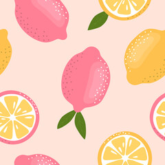 Seamless lemon pattern. Pink and yellow citrus fruits.  Hand-drawn pattern for textile, print, and web use. Vector illustration