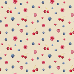 Watercolor hand-drawn seamless pattern with blue and red berries: strawberries, blackberries, raspberries, currants, cherries