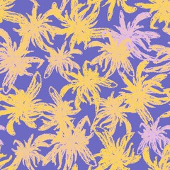 Fototapeta na wymiar Seamless pattern. Abstract yellow, lilac flowers on a green background. Endless botanical background. For fabrics, textiles, clothing, packaging.