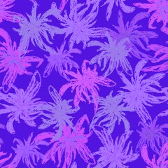 Seamless pattern. Abstract lilac, blue, pink flowers on a violet background. Endless botanical background. For fabrics, textiles, clothing, packaging.