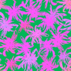 Seamless pattern. Abstract pink flowers on a green background. Endless botanical background. For fabrics, textiles, clothing, packaging.