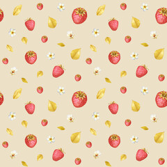 Watercolor hand-drawn seamless pattern with blue and red berries: strawberries, blackberries, raspberries, currants, cherries