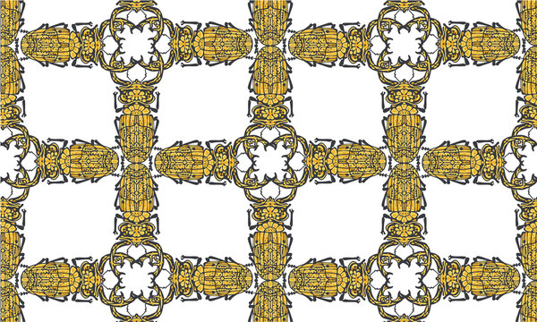 Seamless pattern with decorative illustrations of stag beetle insects on a white background, in a mosaic repeat.
