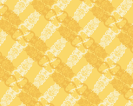 Seamless pattern with detailed illustrations of stag beetle insects on a light yellow background in a criss-cross diagonal repeat.