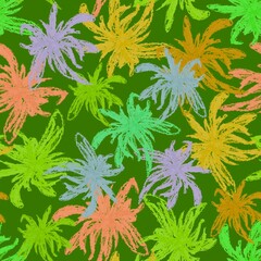 Seamless pattern. Abstract colorful flowers on a green background. Endless botanical background. For fabrics, textiles, clothing, packaging.