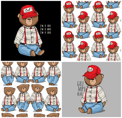 Collection of two print and two seamless pattern. Toy Teddy bears in the checkered clothes and in the red cap. Humor textile composition, hand drawn style print. Vector illustration.
