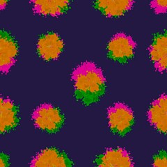 Obraz premium Floral seamless pattern. Red, orange, green, purple, pink flowers on a black background. Unusual abstract flowers.