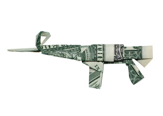 Money Origami Assault RIFLE Folded with 2 Real One Dollar Bills Isolated on White Background