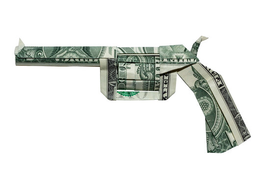 Money Origami REVOLVER Gun Folded with 3 Real One Dollar Bills Isolated on White Background