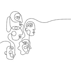 Group of people in a row looking in same direction. One line drawing abstract face. Modern single line art man and woman portrait. Ink painting, minimal  style. Vector illustration - 437212274