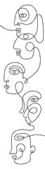 Group of people in a row looking in same direction. One line drawing abstract face. Modern single line art man and woman portrait. Ink painting, minimal  style. Vector
