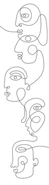 Group Of People In A Row Looking In Same Direction. One Line Drawing Abstract Face. Modern Single Line Art Man And Woman Portrait. Ink Painting, Minimal  Style. Vector Illustration