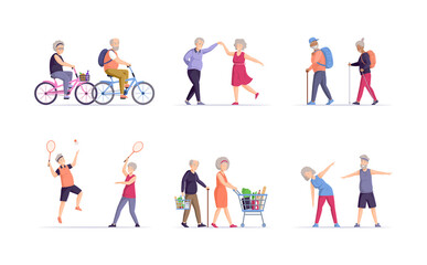 Fototapeta na wymiar Set of diverse old people activity. Happy elderly man and woman healthy active lifestyle retiree for grandparents. Dancing, biking, hiking, tennis, shopping, doing fitness