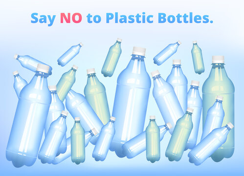 Say no to plastic bottles. Vector ecological or eco poster with plastic bottles, plastic garbage. BYOB, bring your own bottle. Stop plastic pollution in the ocean, sea, or water. Environmental issues.