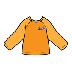 Long sleeve T-shirt with small calligraphic inscription Dude for boy color variation for coloring on a white background