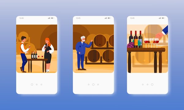 Wine tasting. Grape alcohol drink degustation. Mobile app screens, vector website banner template. UI, web site design.