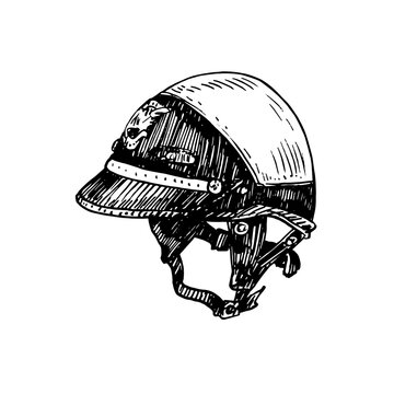 Police motorcycle helmet, gravure style ink drawing illustration isolated on white