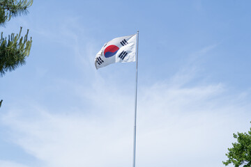 Korean flag in blue sky 