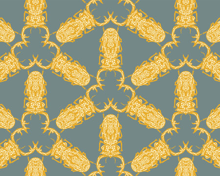 Seamless pattern with decorative illustrations of stag beetle insects on a green background in a mosaic repeat.