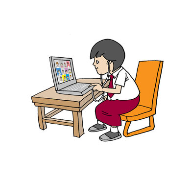 School Girl And Computer, Meeting Zoom, Color Illustration 