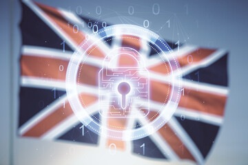 Double exposure of virtual creative lock hologram with chip on British flag and blue sky background. Information security concept