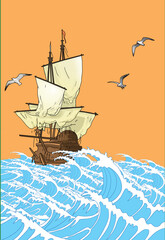 Ocean waves and ancient sailing ship, color illustration