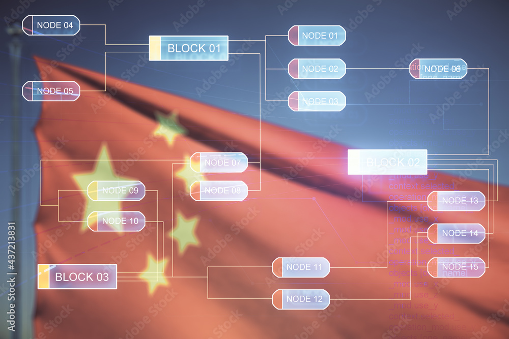Poster multi exposure of abstract programming language hologram on flag of china and blue sky background, a