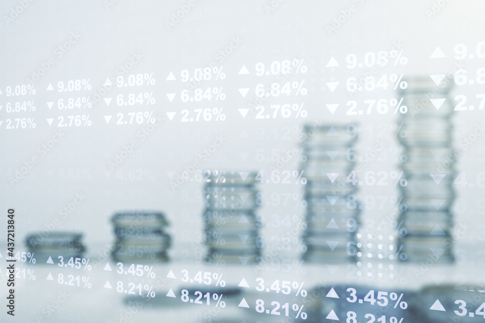 Poster multi exposure of stats data illustration on stacks of coins background, computing and analytics con