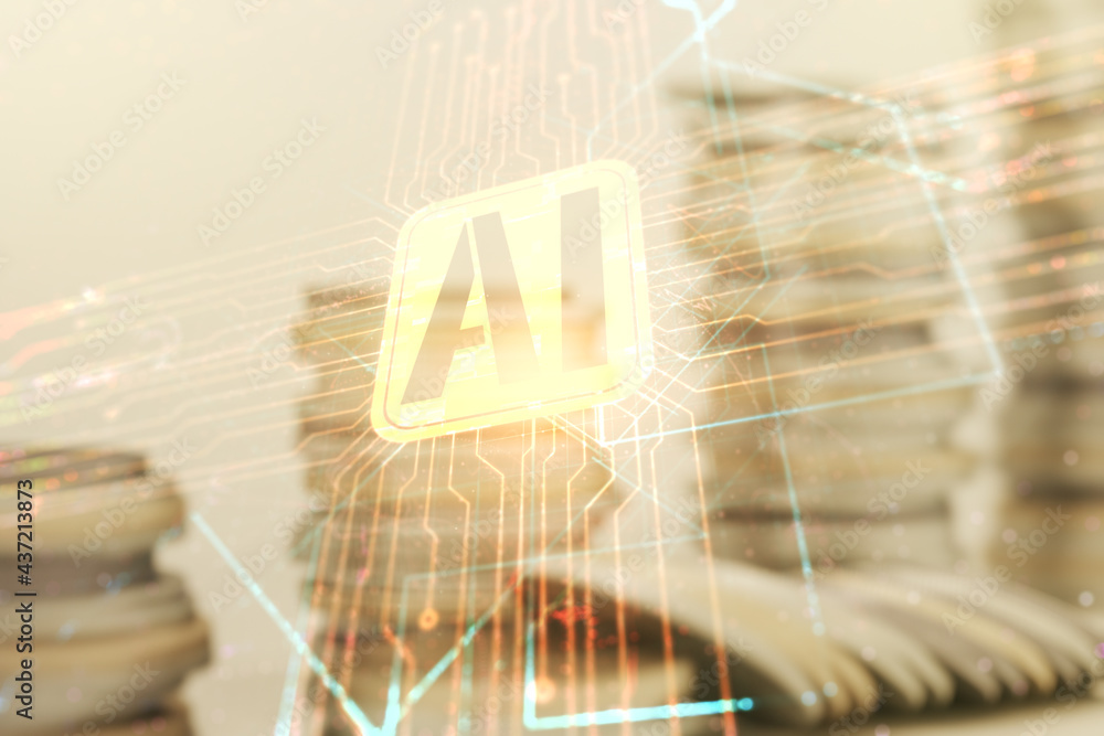 Poster double exposure of creative artificial intelligence icon on growing stacks of coins background. neur