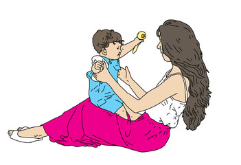 Mother and baby, playing, color illustration