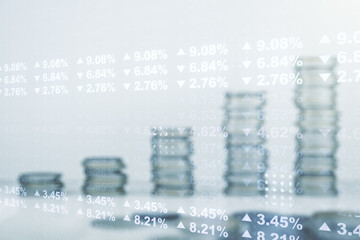 Multi exposure of stats data illustration on stacks of coins background, computing and analytics concept