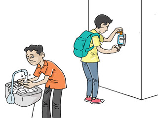 cartoon illustration of people washing hands, color illustration