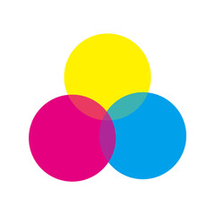 色が混ざっている重なりあう3つの丸：インフォグラフィック・ダイアグラムに使えるシンプルなCMYカラーの 円 - 多様性・コミュニケーション・融合・共存のイメージ素材 - obrazy, fototapety, plakaty