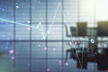 Double exposure of abstract virtual heart rate hologram on a modern meeting room background....