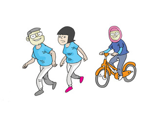 cartoon illustration of people walking and people riding bicycles, color illustration 