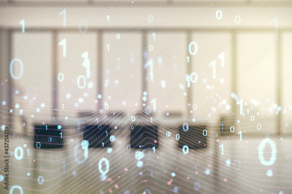 Poster abstract virtual binary code hologram on a modern coworking room background, ai and machine learning