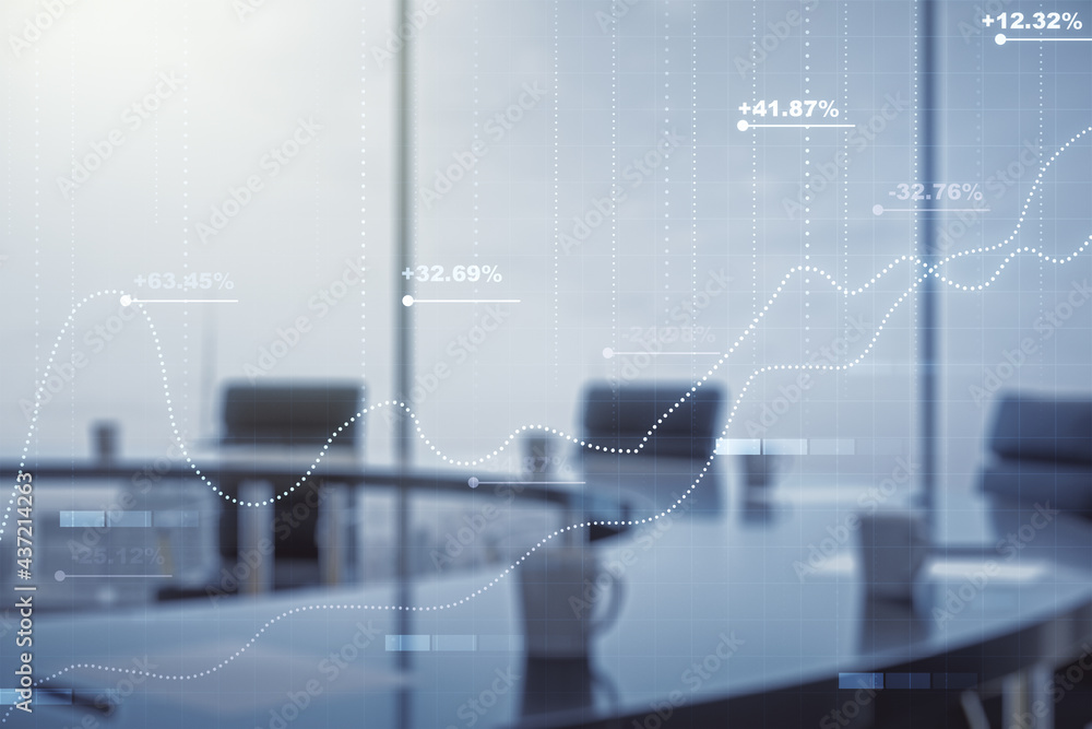 Poster multi exposure of stats data illustration on a modern conference room background, computing and anal