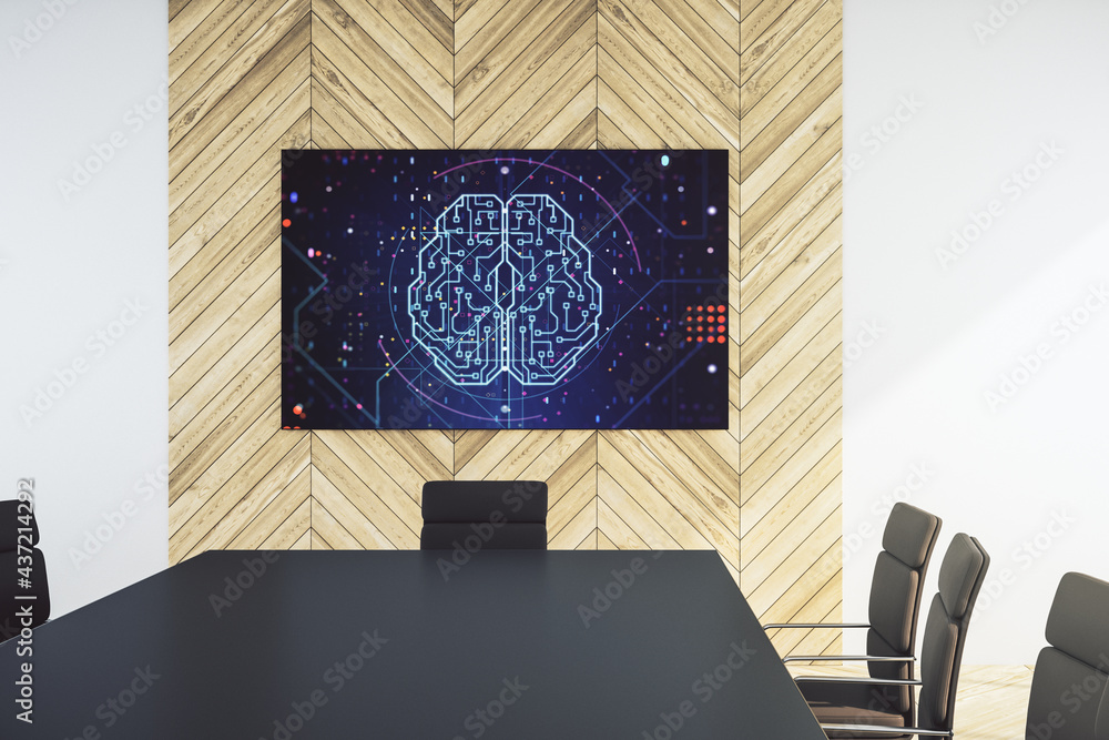 Poster creative artificial intelligence concept with human brain sketch on tv display in a modern presentat