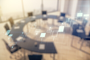 Double exposure of virtual creative financial diagram on a modern boardroom background, banking and accounting concept