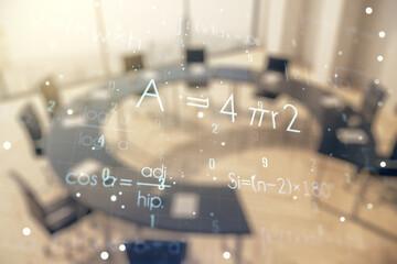 Scientific formula hologram on a modern boardroom background, research concept. Multiexposure