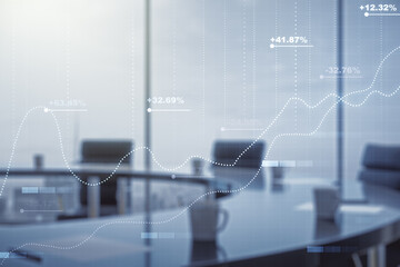 Multi exposure of stats data illustration on a modern conference room background, computing and...
