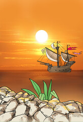 beach and ancient sailing ship, color illustration