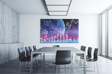 Abstract creative financial graph with world map on presentation screen in a modern conference room, forex and investment concept. 3D Rendering